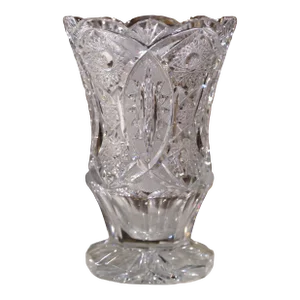 Mid-Century French Cut Crystal Vase With Etched Geometric and Floral Motifs