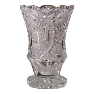 Mid-Century French Cut Crystal Vase With Floral and Geometric Motifs For Sale