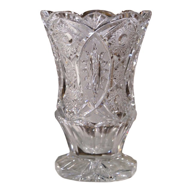 Mid-Century French Cut Crystal Vase With Floral and Geometric Motifs For Sale