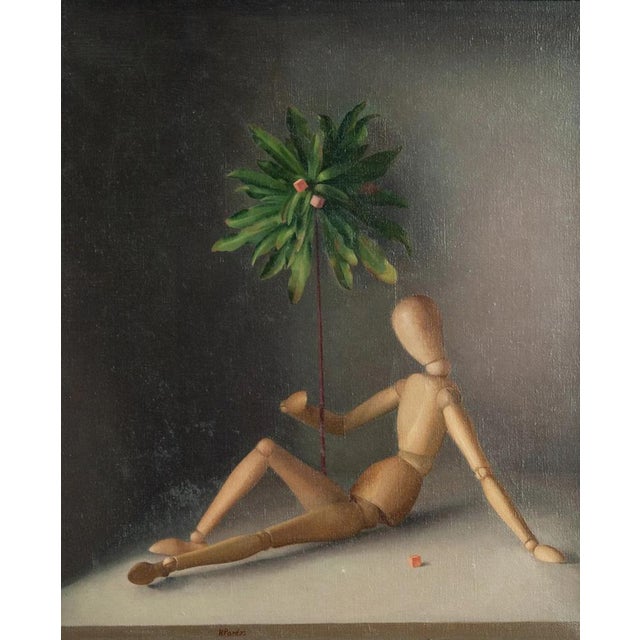Hermógenes Pardo Ruiz, Articulated Mannequin with Palm Leaf, 1980s, Oil on Canvas For Sale - Image 6 of 6
