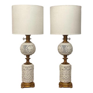 Vintage 1950s Porcelain Pierced Filagree Lamps - a Pair For Sale