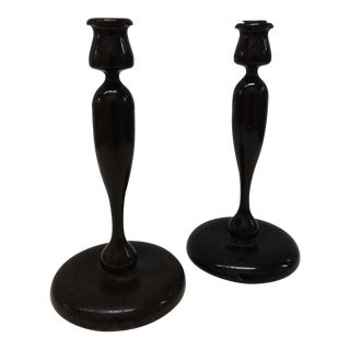 Vintage Turned Wood Candleholders - A Pair For Sale