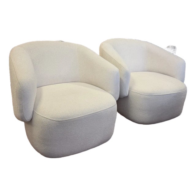 Cream Color Channeled Swivel Arm Chairs With Wrapped Gold Tone Bases a Pair For Sale