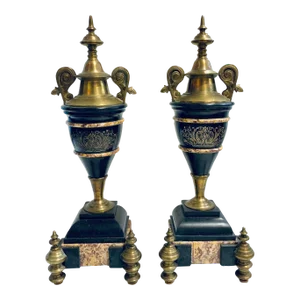 Antique Neoclassical Marble and Bronze Mantle Urns Pair
