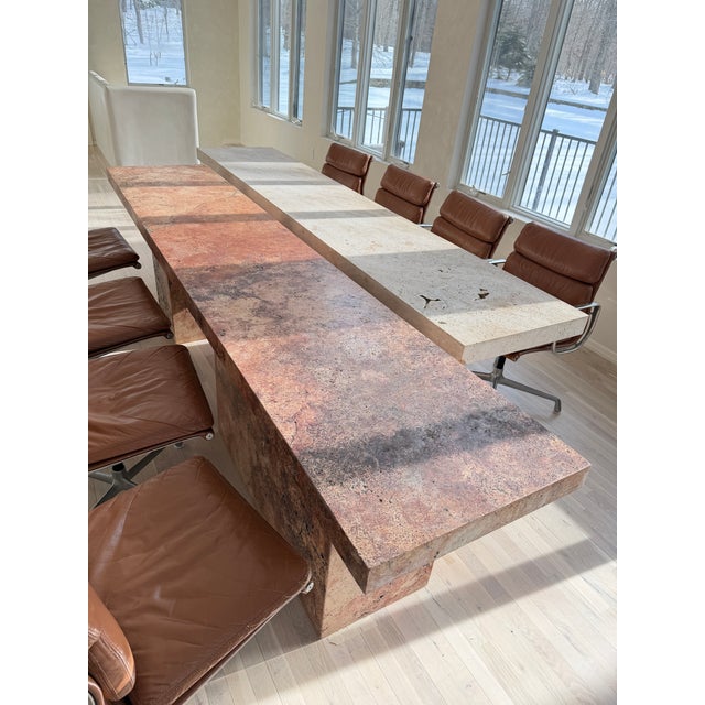 Infinity Travertino Chiaro and Travertino rosso Honed Unfilled Dining Tables Cross-Cut. Fits 8 people comfortably. Each...