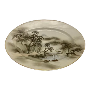 Vintage Kutani Japanese Hand Painted Platter Mount Fugi Early 20th Century