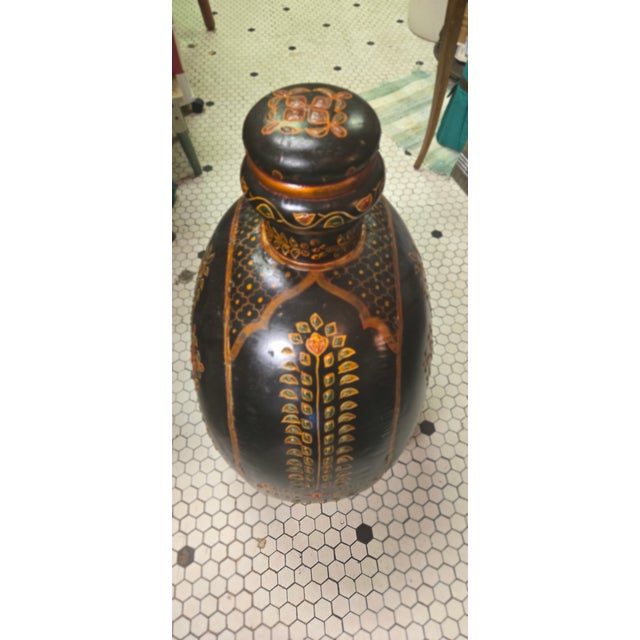 Vintage Hand-Painted Blackware Pottery Bottle Vase With Floral Folk Art Motif For Sale - Image 14 of 18