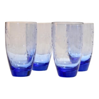 Large 24oz Blue Glass Etched Glasses | Set of 4 For Sale