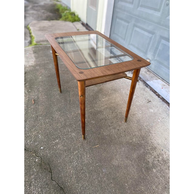 Vintage Walnut Side Table with Inset Glass Top + Brass Finials For Sale - Image 9 of 13