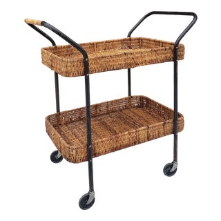 Mid Century Modern Carl Aubock Style Wicker Bar Cart For Sale