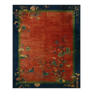 1920s Raspberry Pink Field Antique Art Deco Swimming Swan Pattern Chinese Rug For Sale