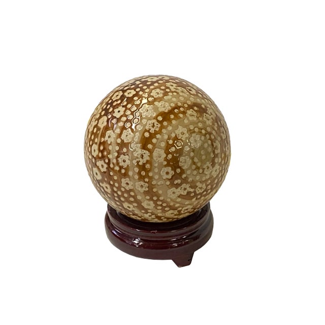 Asian Tan Beige Brown Mix Color Dots Floral Porcelain Round Ball Display Art For Sale - Image 3 of 5