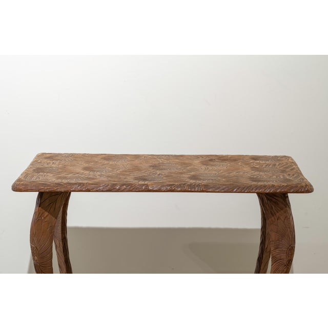 French-style side table with two heights and four cabriole legs in oak, carved with sunflowers. The top, lower shelf, and...