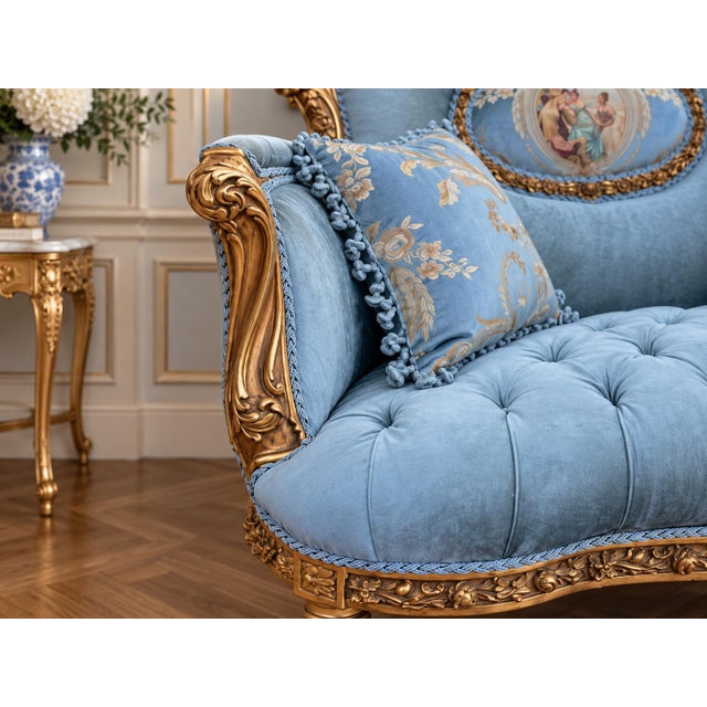 This elegant circa 1920 French Louis XVI–style settee combines antique craftsmanship with rich blue velvet, a finely...