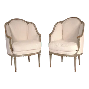 Pair of Antique Louis XVI Style Grisaille Painted Bergeres