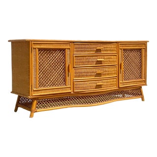 Vintage Coastal Woven Rattan Bow Front Credenza For Sale
