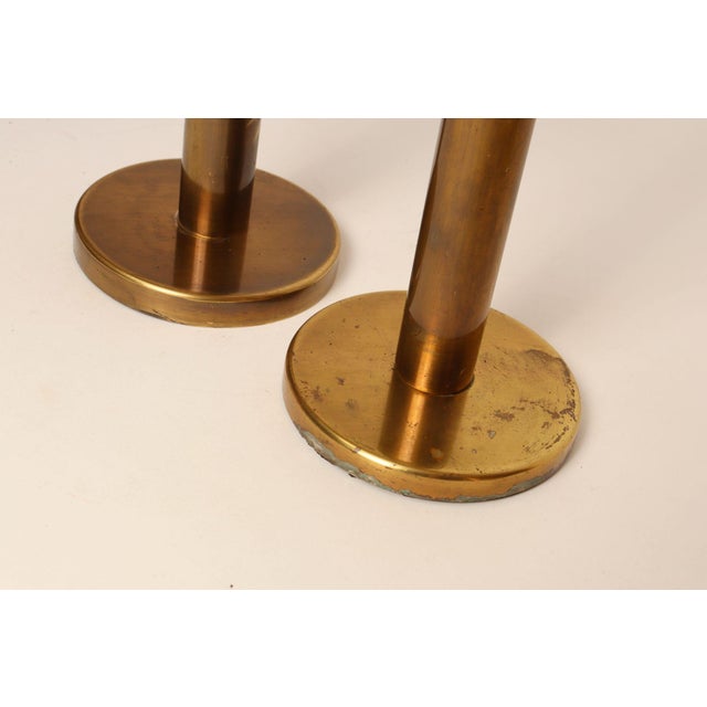 Set of Two Vintage Patinated Brass Candlesticks With Cork Bases For Sale - Image 14 of 18