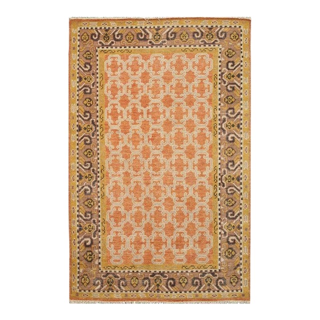 9x12 Yellow Hand-Knotted Wool Trellis Motif Geometric Modern Carpet Rug For Sale