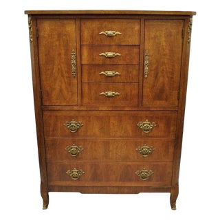 Vintage Henredon French Louis XV Style Banded Walnut Tall Chest Dresser For Sale