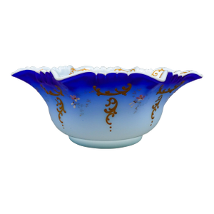 Late 20th Century Victorian Blue Satin Hand Painted Gold Gilt Floral Art Glass Brides Bowl