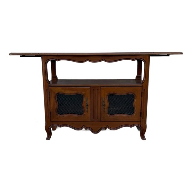Vintage French Provincial Wood Server Cabinet With Drop-Leaf Top & Lattice Doors For Sale