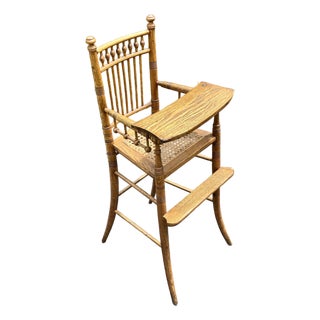 Late 19th-Century Victorian Solid Oak "Ball & Stick" Highchair With Hand-Woven Cane Seat For Sale