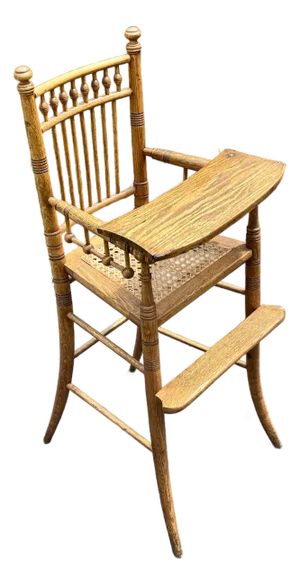 Late 19th-Century Victorian Solid Oak "Ball & Stick" Highchair With Hand-Woven Cane Seat