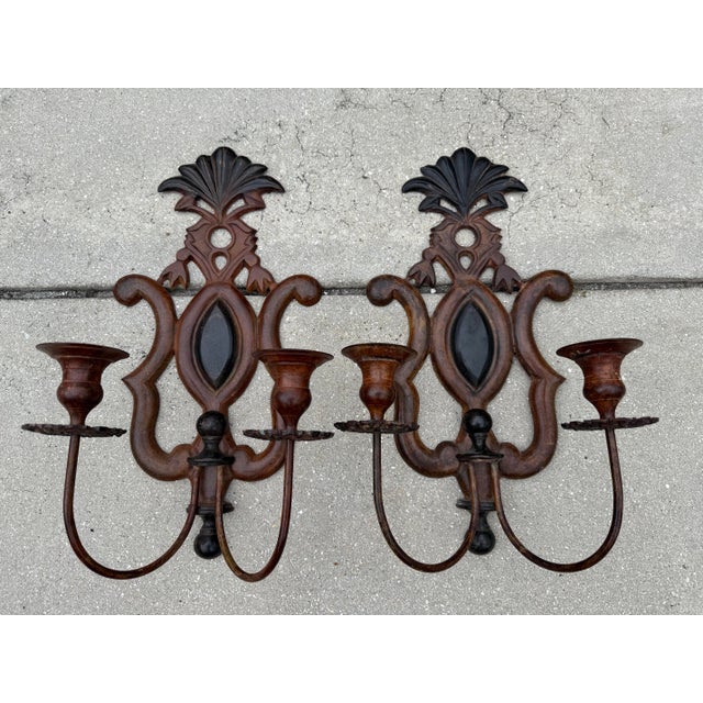 Brown Antique Spanish Revival Cast Iron Double Arm Wall Sconces, a Pair For Sale - Image 8 of 9