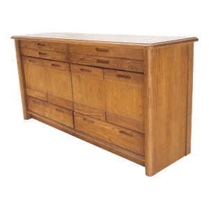 Solid Oak Mid-Century Modern Credenza Server Two Door Compartments Cabinet