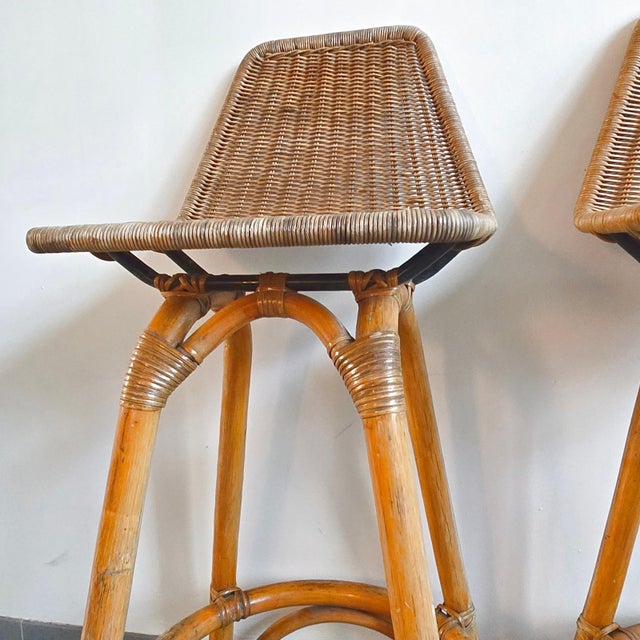 Vintage Rattan and Bamboo Bar Stools by Dirk van Sliedgert, 1950s, Set of 2 For Sale - Image 6 of 15