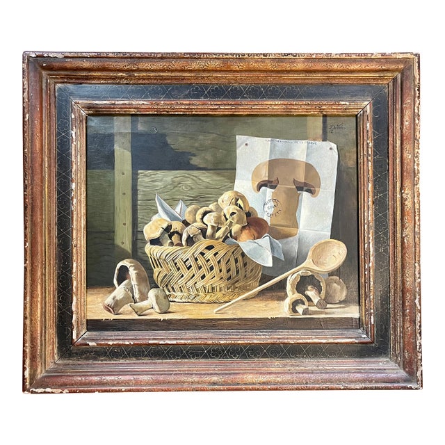 James DeVries French Tromp l'Oeil Still Life Oil Painting on Canvas of Mushrooms - Palm Beach Galleries 1962 For Sale