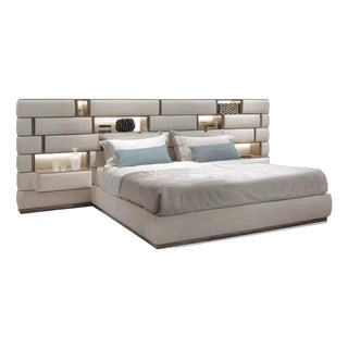 Modern Italian Upholstered King Bed With Integrated Storage Headboard For Sale