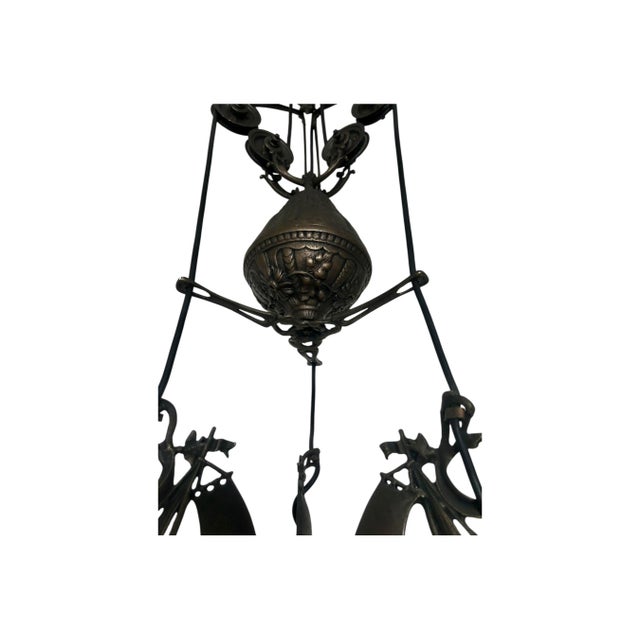 1970s Vintage Nautical Cast Iron Chandelier With Opaline Glass Shades – 3 Lights For Sale - Image 5 of 9