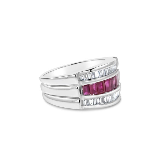 Contemporary Ruby & Diamond Baguette Cocktail Ring 2.00cttw 14k White Gold, Size 3 For Sale - Image 3 of 4