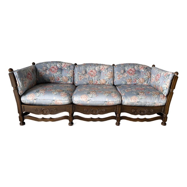 1970s Vintage French Provincial Style Carved Oak Ladder-Back Sofa With Shell Details For Sale
