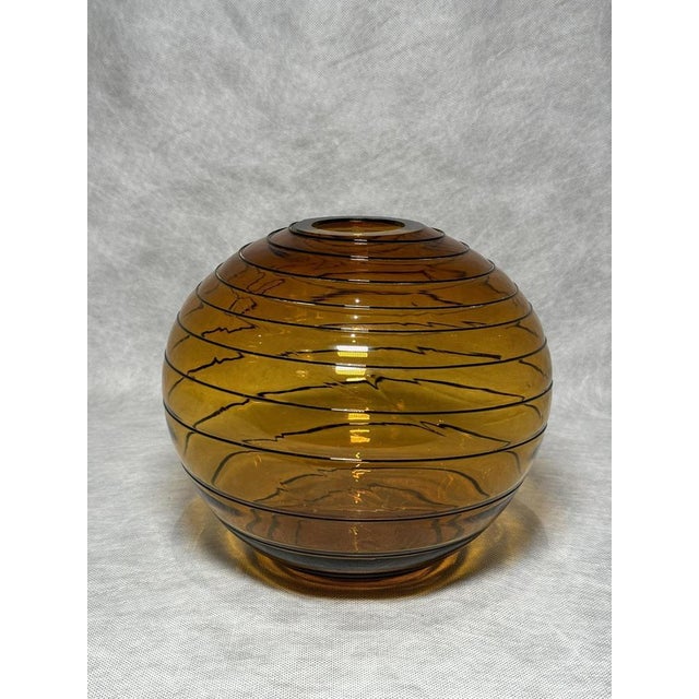 Mid-Century Art Deco Style Amber Glass Vase with Black Raised Details, 1970s For Sale - Image 6 of 6
