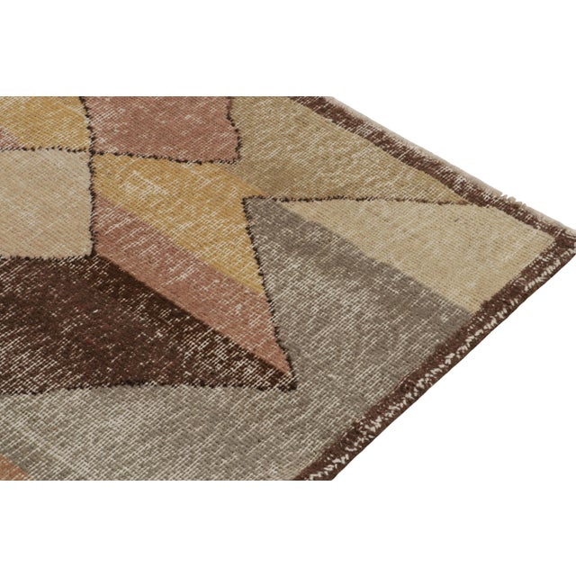 1960s 1960s Vintage Deco Rug in Beige-Brown Multi-Hued Geometric Patterns, Distressed For Sale - Image 5 of 7