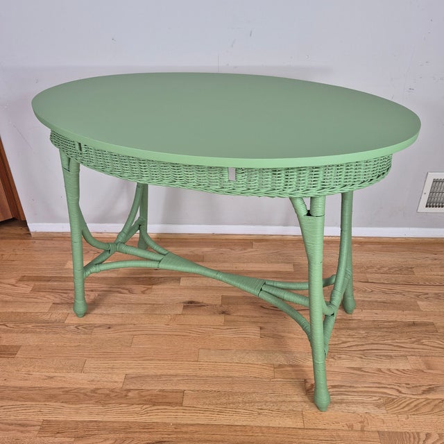 Heywood-Wakefield Early 20th Century Celery Green Painted Wicker Oval Sofa Console Table Desk Vanity For Sale - Image 4 of 11