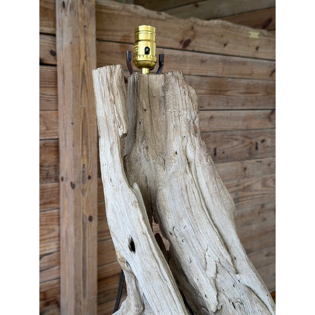 A truly one-of-a-kind monumental driftwood table lamp, handcrafted from an extraordinary naturally weathered driftwood...
