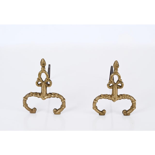 Louis XV Italian Andirons in Gilt Bronze and Iron, Italy, 1940s, Set of 2 For Sale - Image 3 of 13