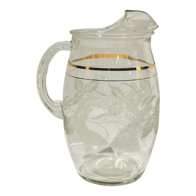 Bartlett Collins Etched Glass Pitcher Grape Leaves and Vines For Sale