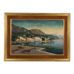 Framed Signed Afternoon in the Fishing Village Oil on Canvas