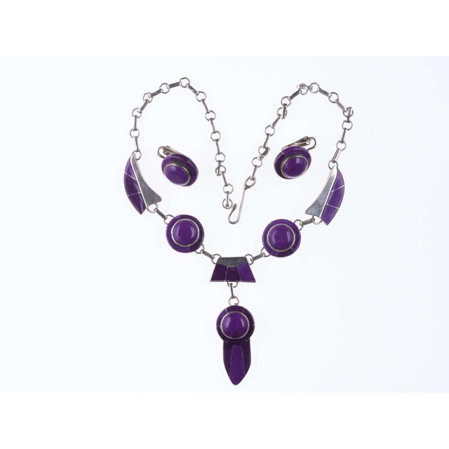 Julius Manuelito Southwestern Sterling purple stone channel inlay necklace and<br>earrings. 16" necklace, .75"...