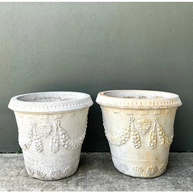Off-white Vintage Cement Swag Embellished Planters - Pair For Sale - Image 8 of 12