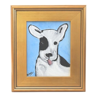 Folk Art Doggie Dog Puppy Oil Painting Including the Antiqued Gold Wood Frame For Sale