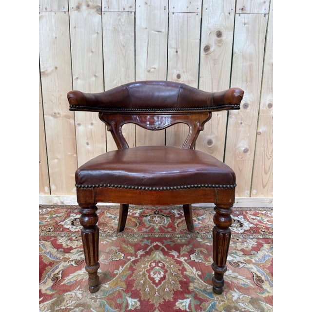 Napoleon III Style Oak and Leather Office Chair, 19th Century For Sale - Image 6 of 6