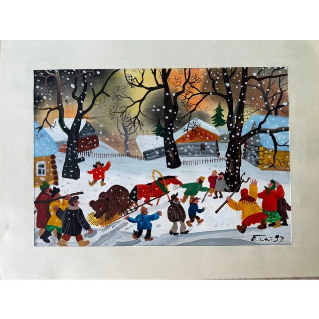 Eastern Europe Artist, Winter Village with Sled and Bear, 1997, Gouache For Sale - Image 4 of 11