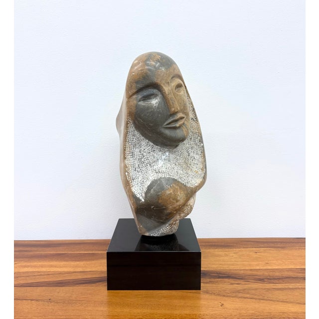 Stone Vintage Hand Carved Abstract Figurative Stone Bust on Black Plinth For Sale - Image 7 of 7
