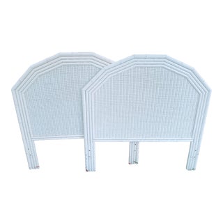 Vintage Palm Beach Regency Faux Bamboo Wicker White Gloss Twin Headboards- a Pair For Sale