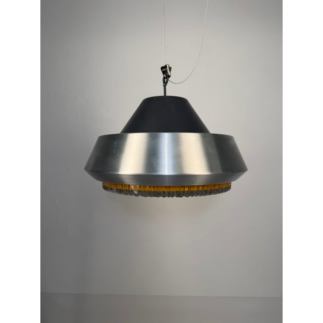 Metal Space Age Pendant Lamp in Brushed Aluminium and Amber Pressed Glass, 1970s For Sale - Image 7 of 12